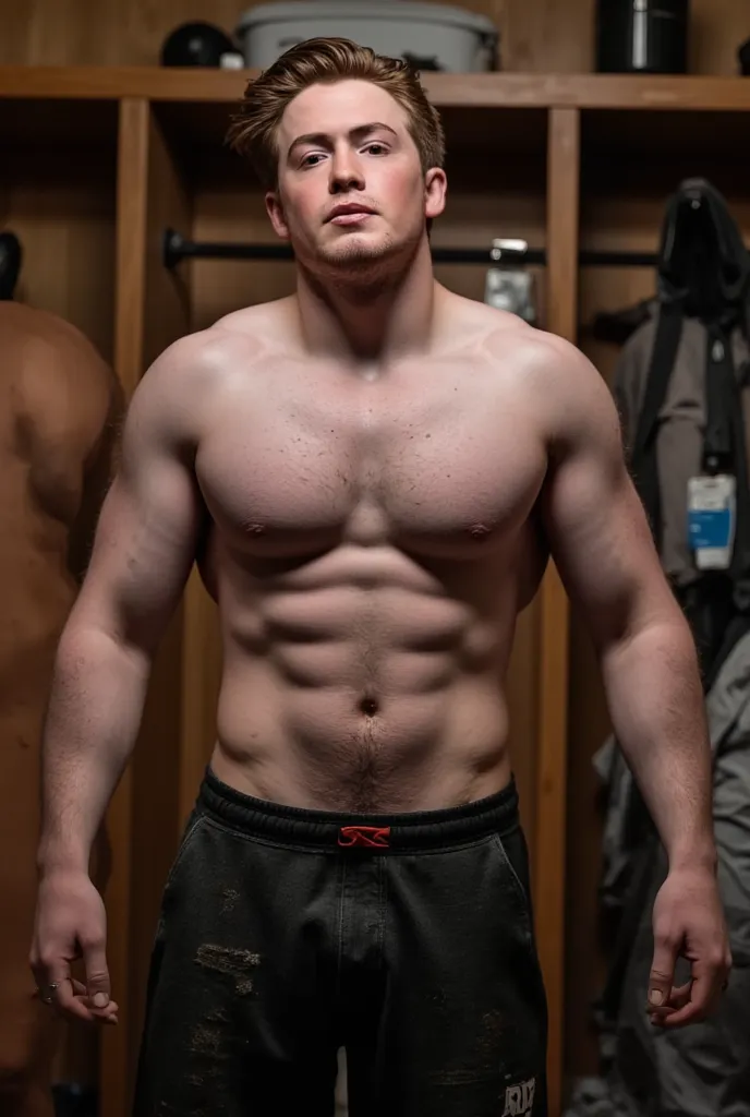 A big, strong muscular Connor kit in a sports dressing room with dirty clothes, Cone with open arms without a shirt and a large erect bump on the boxer. Realistic photo with good lighting. close-up photo