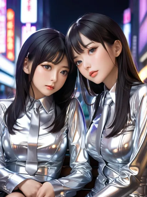 Japanese mother and daughter in extremely tight, shiny silver latex blouse buttoned up, necktie, reflection ,  reflected light , Sitting in the city on the bench, long hair,  black hair, Breasts, 