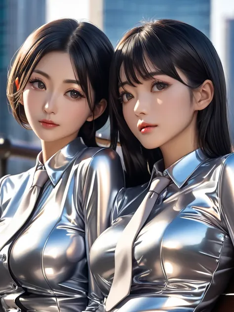 Japanese mother and daughter in extremely tight, shiny silver latex blouse buttoned up, necktie, reflection ,  reflected light , Sitting in the city on the bench, long hair,  black hair, Breasts, 