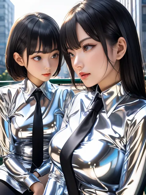 Japanese mother and daughter in extremely tight, shiny silver latex blouse buttoned up, necktie, reflection ,  reflected light , Sitting in the city on the bench, long hair,  black hair, Breasts, 