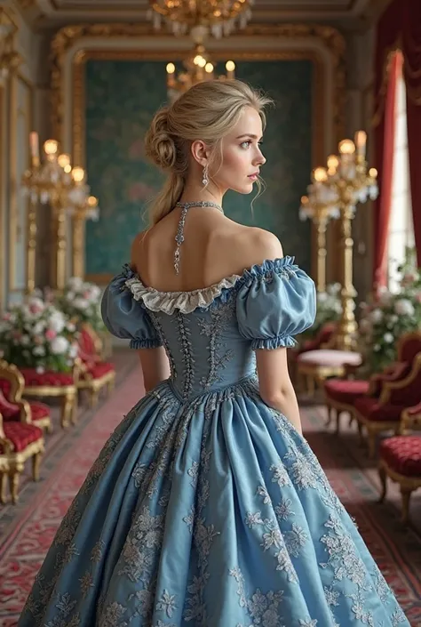 18th century blonde girl in a blue ball gown is waiting for her boyfriend