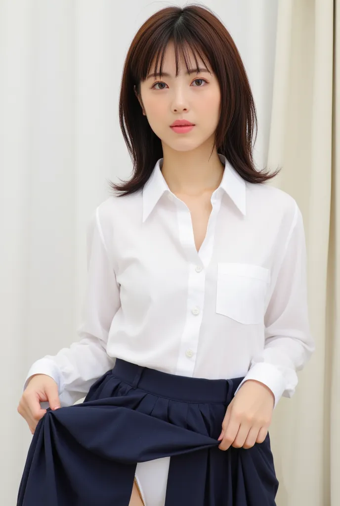 Japanese Woman、  is wearing a uniform、White collared shirt、 skirts、 ((紺色のスカートをめくってwhite pantsを見せています:1.5))、 white skin、white pants、 Photo Style 、 Exposure、The Y-shirt is naked 、All the buttons on the shirt have come off and I can see my cleavage、beautiful ...