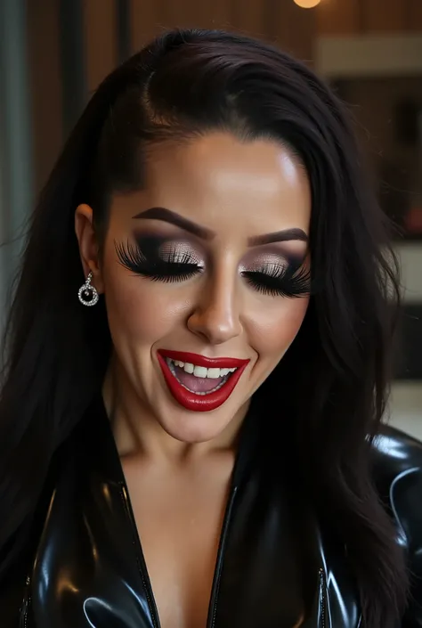 outrageously long and voluminous lash extensions., laughs a lot, latex suit, diamond ear earrings, black hair, red lips, bright black makeup