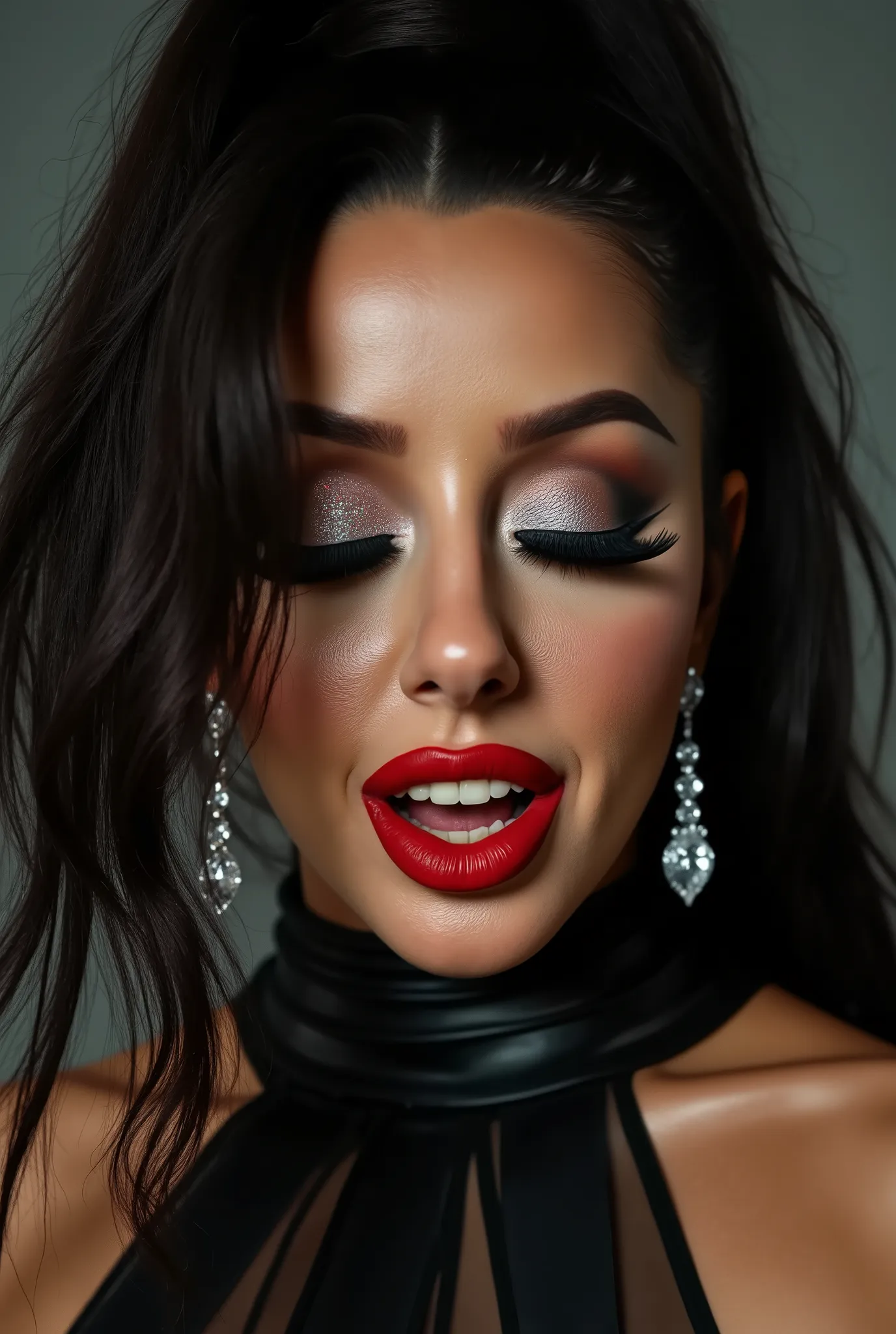 outrageously long and voluminous lash extensions., laughs a lot, latex suit, diamond ear earrings, black hair, red lips, bright black makeup