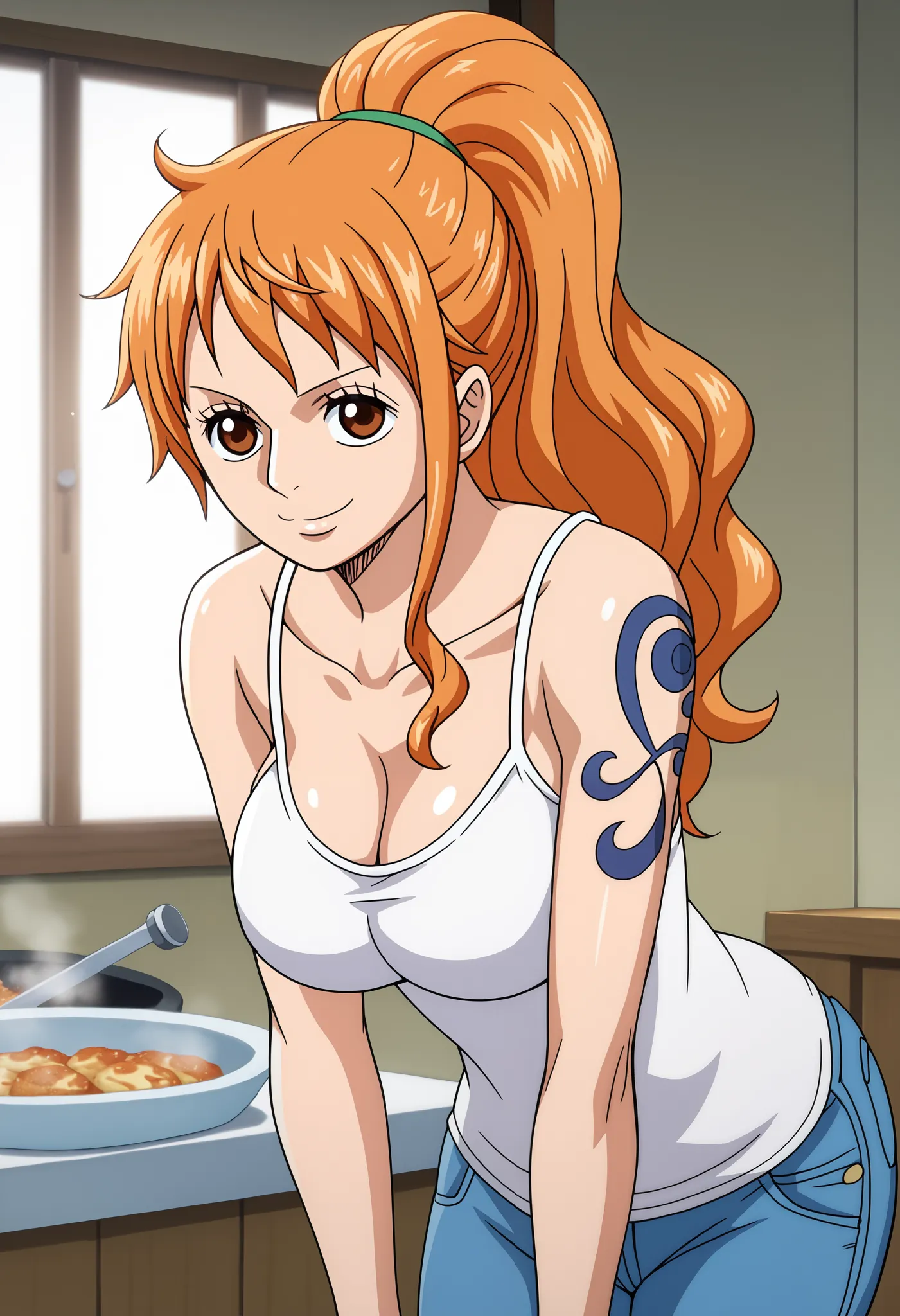 score_9_up, best quality, cowboy shot, anime_source, anime style, (SOLO:1.7), 1girl, Nami, orange hair, (white comesole:1.4), morning, (ponytail:1.7),  (serious smile:1.3), (curvy body:0.7),), (slightly looking at the viewer:1.2) (Medium breasts:1.5), jean...