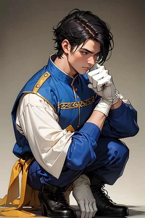  masculine man. strong body. black hair. short hair. soldier.  elegant medieval clothing.  blue clothes,  with white and gold details . She wears gloves and boots .