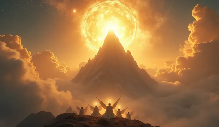 "A majestic heavenly mountain, its towering peak enveloped in radiant, golden clouds that shimmer with divine light. The atmosphere is serene and otherworldly, with a soft ethereal glow illuminating the landscape. Atop the mountain, angelic beings sit in d...