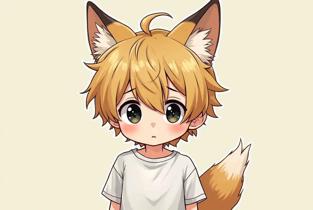  Tired  boy with black tired eyes dirty blonde messy hair along with dog ears and dog tail wearing a white t shirt in an anime like art style