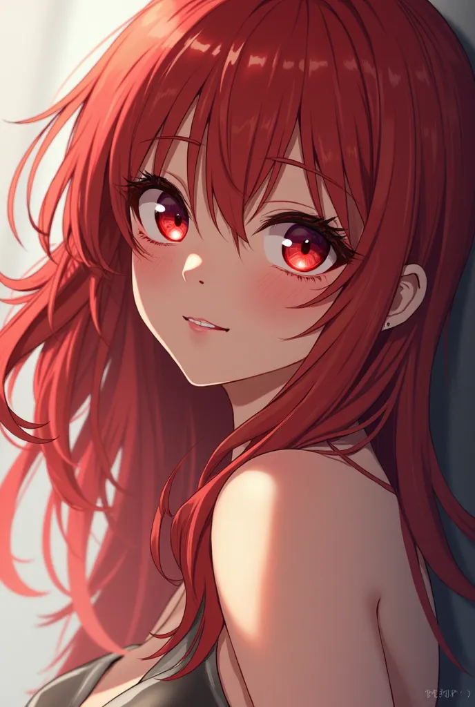 Young woman with Red hair, red eyes, creamy skin, nice womanly assets, is breathtaking (very gorgeous), anime style, name: Evangeline(Eva)