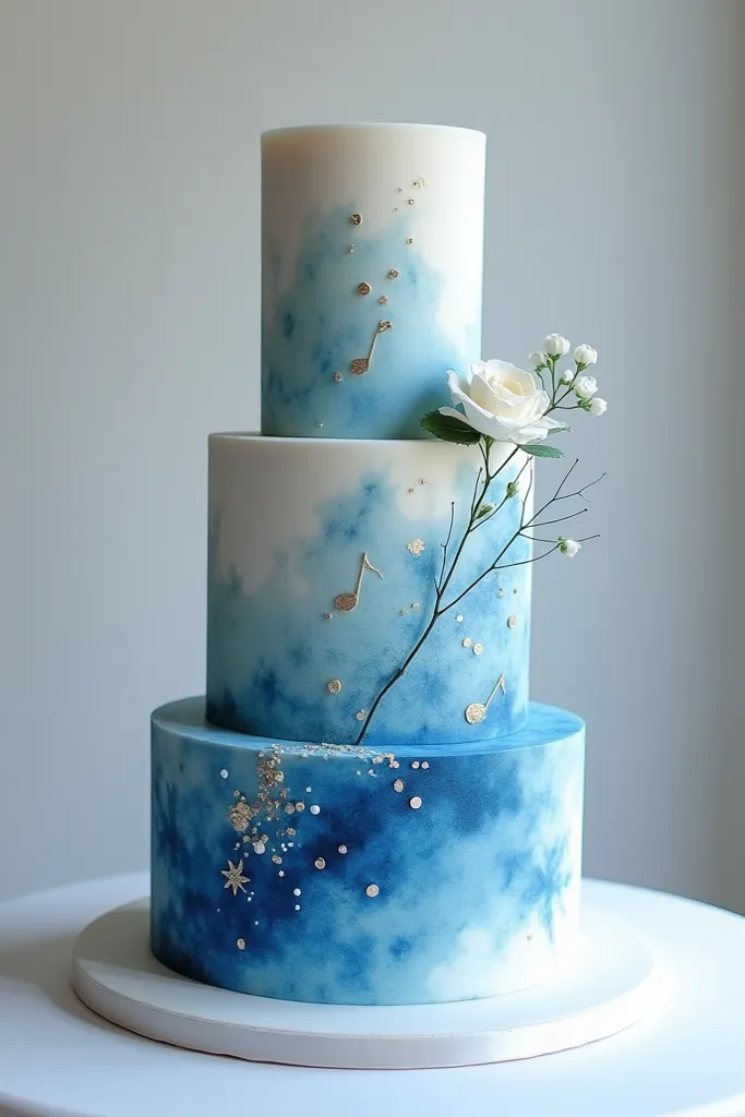 A wedding cake with a delicate watercolor effect in the shades denim blue, powder blue and sugar paper. The colors merge in a soft and artistic transition, evoking an impressionist touch. On the surfaces of the cake, subtle patterns inspired by music emerg...