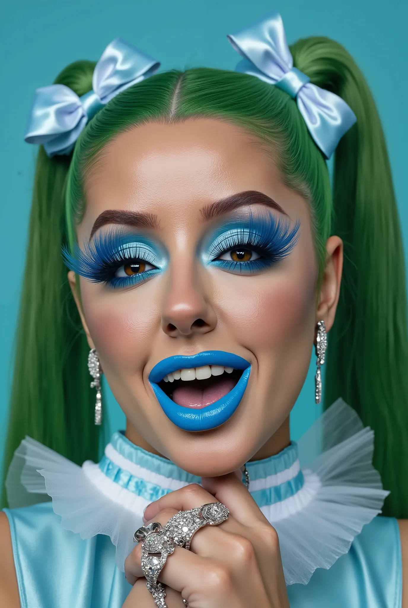 incredibly long and voluminous eyelash extensions, laughter, bright blue shadows,  green hair, two tails, white ribbon collar,  diamond earrings , blue lips, looking at camera