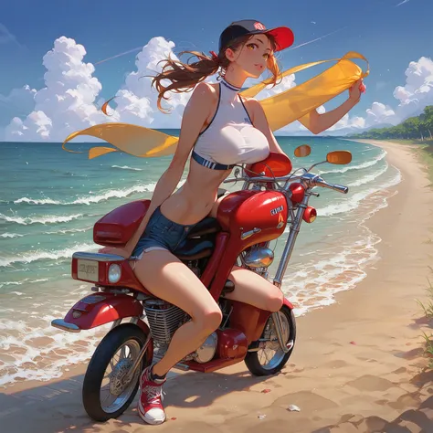 Solo, perfect detailed body, detailed eyes, double eyelid, full body, full vehicule
 pretty brunette riding a moped down the street at the beach, speeding, riding towards viewer, hair blowing in the wind, wearing short shorts, halter top, baseball cap, lar...