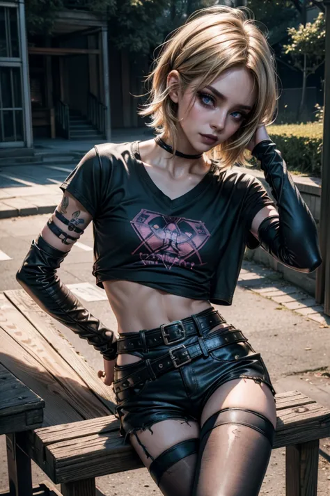 lora_Emma, jinx,1 girl, short blond hair, very skinny, tall, punk, small breast, leaning against wooden table, (leather micro hotpants), multiple belts, ((oversized V-neck cotton t-shirt)), (torn pantyhose), plastic headband, (cotton lower arm sleeves), sh...