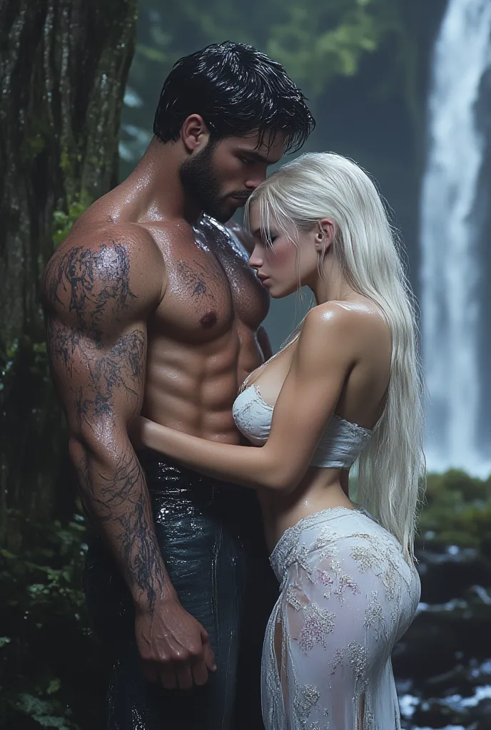  beautiful woman, White-haired with a white dress, being hugged by a tall and strong man she has black hair and tattoos on her body against a tree in a beautiful forest at night with a beautiful waterfall in the background wet effect light effect 