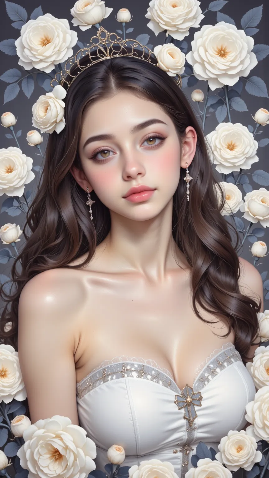 （ Abstract Art ：1.2），fractal art，Psychedelic Art，white theme，1 Girl，hair accessories，Simple Appearance，masterpiece，Best Quality，Ultra High Resolution，Award-Winning Art ，Very detailed，beauty，beauty，Lots of flowers，White Rose，非常beauty誘人的女人， strapless，Bright，...