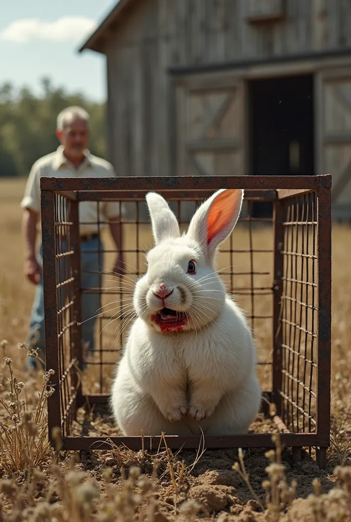 A wounded, bloodied little white rabbit sits in a rusty metal cage, crying, his ears hanging down and eyes filled with fear. A farmer stands outside the cage, looking at him with a satisfied smile. The scene is set in a dusty field, with a wooden barn in t...