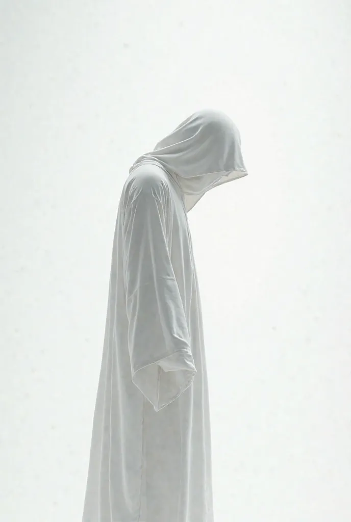 A man in a hood dressed in white who has his head down facing down on a white background 