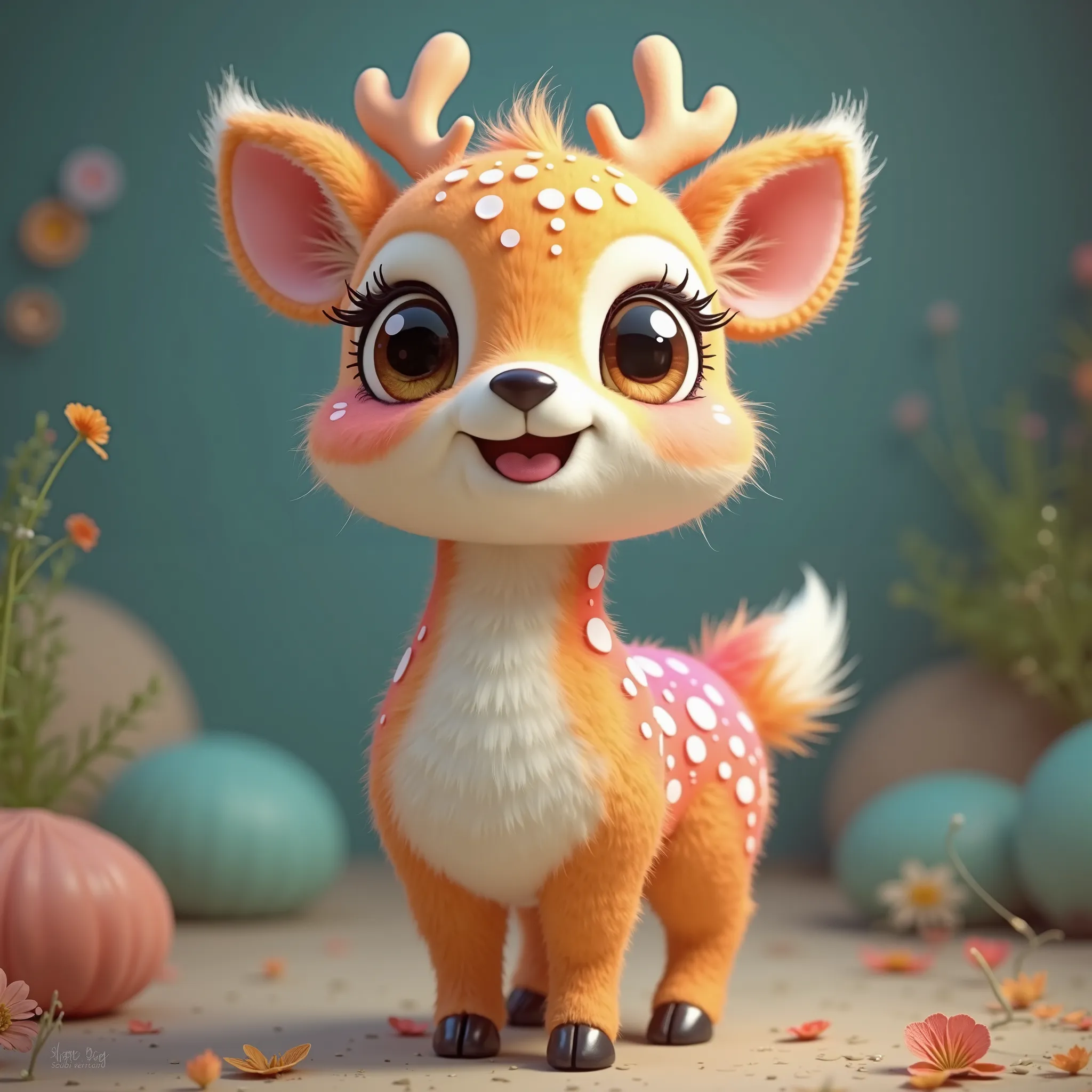 Deer Anemone , Fluffy , Rainbow color , big round eyes , Beautiful smile , Eyelashes  ,  stand upright