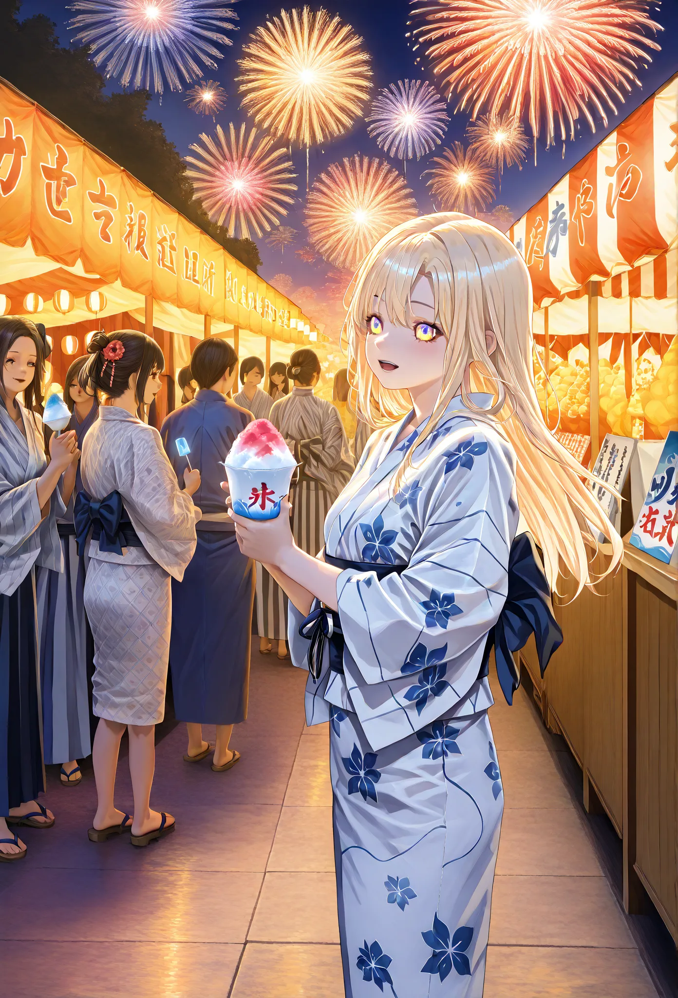    young  , Nape,yukata,stall,Sandals,fair,holding かき氷, Fireworks