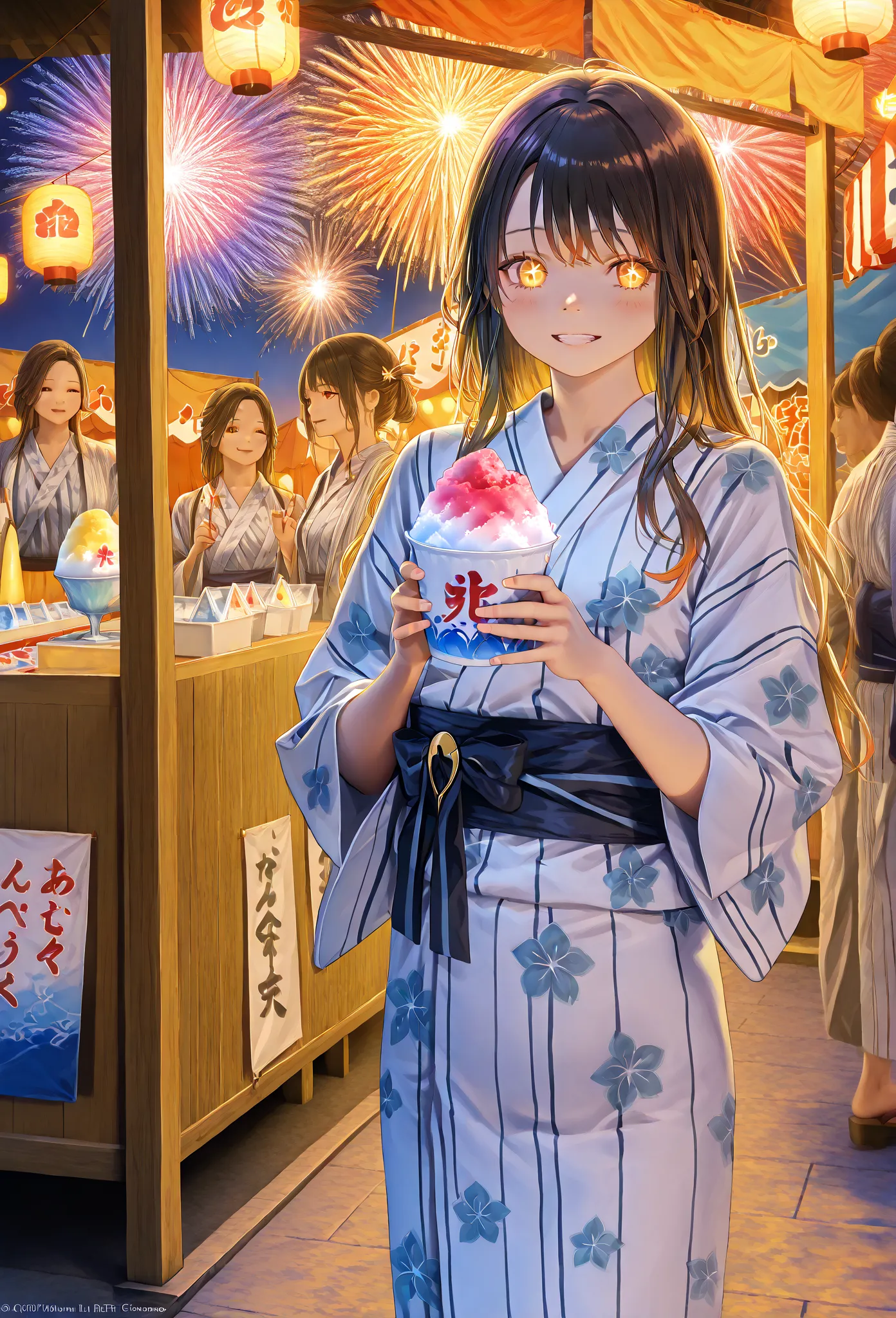    young  , Nape,yukata,stall,Sandals,fair,holding かき氷, Fireworks