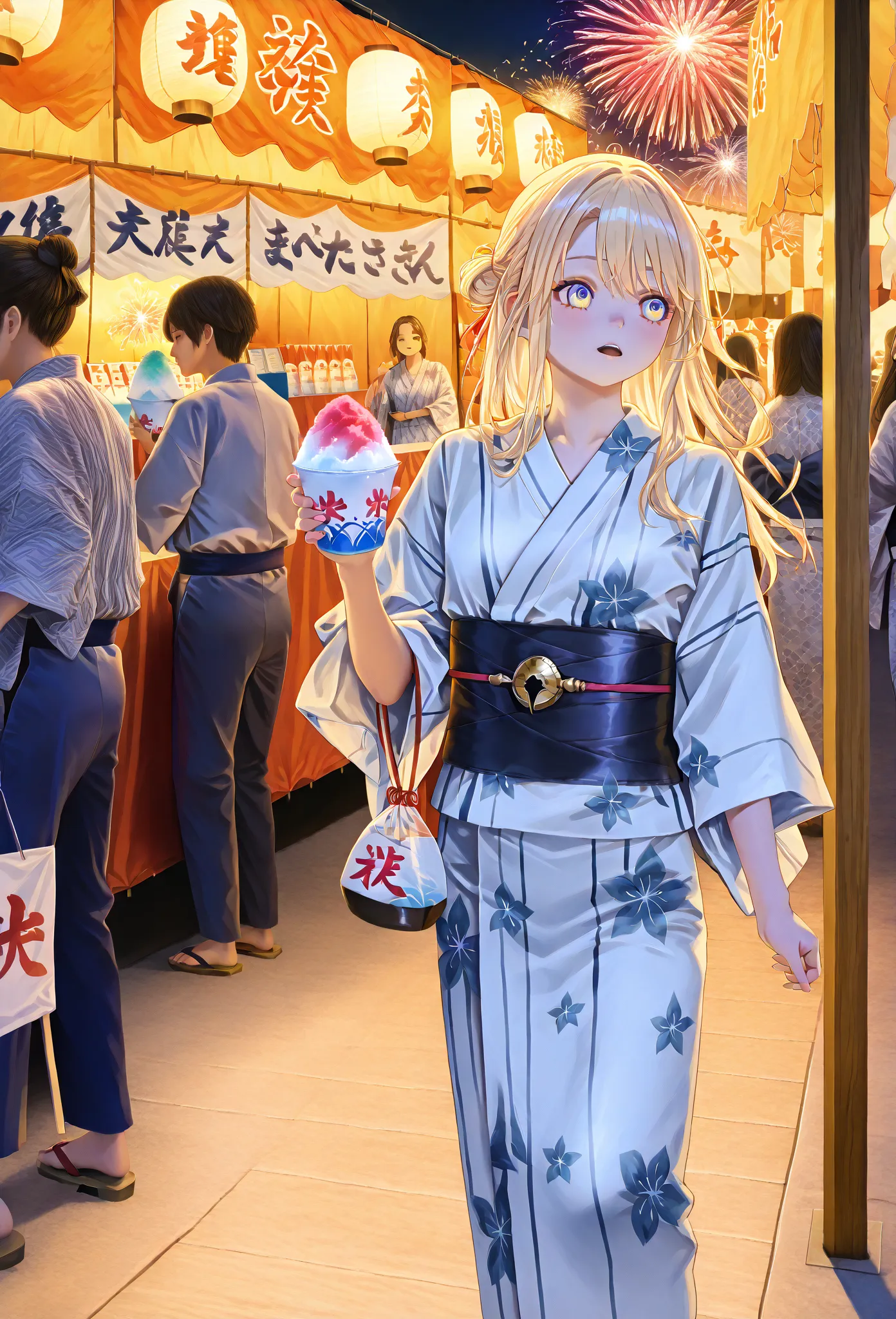    young  , Nape,yukata,stall,Sandals,fair,holding かき氷, Fireworks