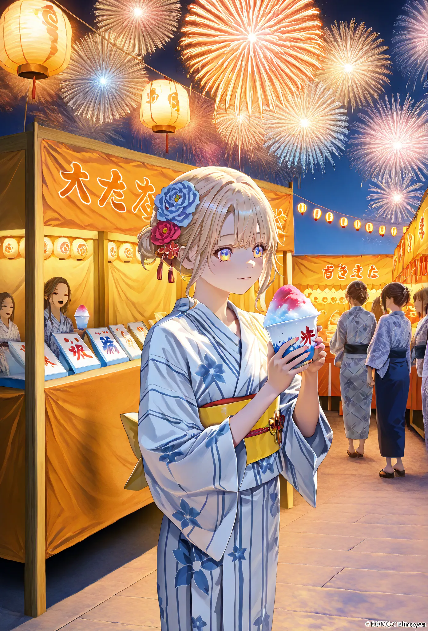    young  , Nape,yukata,stall,Sandals,fair,holding かき氷, Fireworks