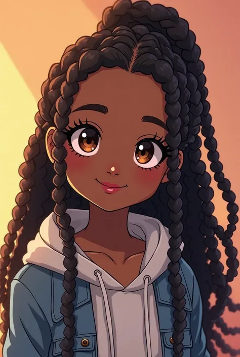  stunning anime-style illustration of a young Black girl with dark brown skin and long, thick locs styled in a half-up, half-down fashion. She has large, expressive eyes with a warm brown hue, framed by long lashes. Her face has soft , chubby features with...