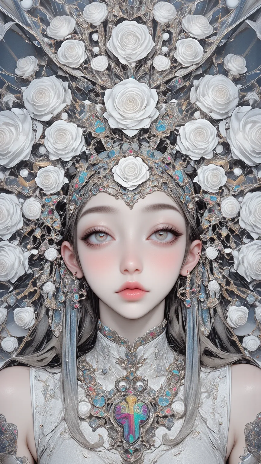 （ Abstract Art ：1.2），fractal art，Psychedelic Art，white theme，1 Girl，hair accessories，Simple Appearance，masterpiece，Best Quality，Ultra High Resolution，Award-Winning Art ，Very detailed，beauty，beauty，Lots of flowers，White Rose，非常beauty誘人的女人， strapless，Bright，...