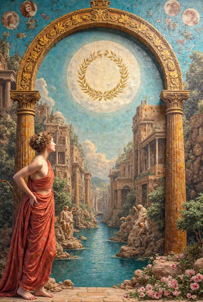 Create a captivating backdrop painting for our scale model inspired by Roman mythology. Incorporate a collage of iconic elements, including the grandeur of Ancient Rome, depictions of Roman goddesses such as Venus, Juno, and Minerva, as well as symbols lik...