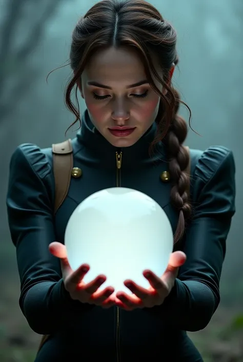 Create an image of a woman Jennifer lawrence wearing a hunger games clothe holding a plain crystal ball and her view is in front