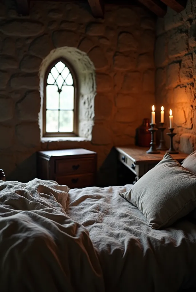 "POV: My eyes slowly open to the dim morning light filtering through a small, wavy glass window. My hands rest on a rough linen blanket, fingers slightly curled, feeling the coarse fabric beneath them. The wooden bed creaks as I shift slightly, my arms hea...