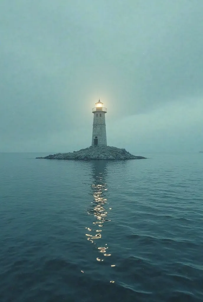 Timon of a boat with an image in the center showing a lighthouse shining and with a calm sea