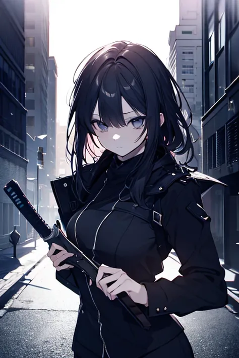 Cool and Sexy Assassin, female assassin who is shirtless and full of vitality, Beautiful facial features、sharp eyes、Powerful expression, holding a bloody dagger in her hand、combative pose where you hold your body low, standing in the darkness of the city a...