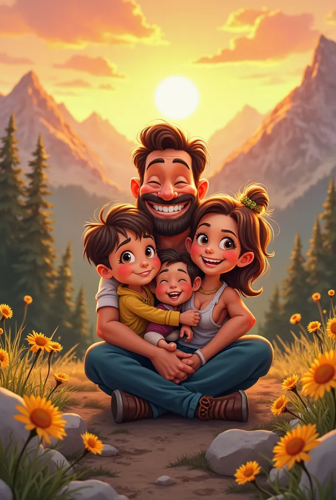 Caricature father and small male son and small female daughter who are in the mountains hugging each other at sunset and playing in cartoon style 