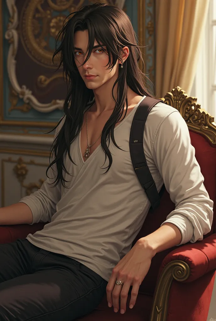 Man alone with long brown hair, He has golden eyes and seems determined. His long hair is similar to that of Sephiroph from Final Fantasy but dark. She is wearing a long sleeve white t-shirt and locks of hair fall out on her shoulders, And dark pants with ...