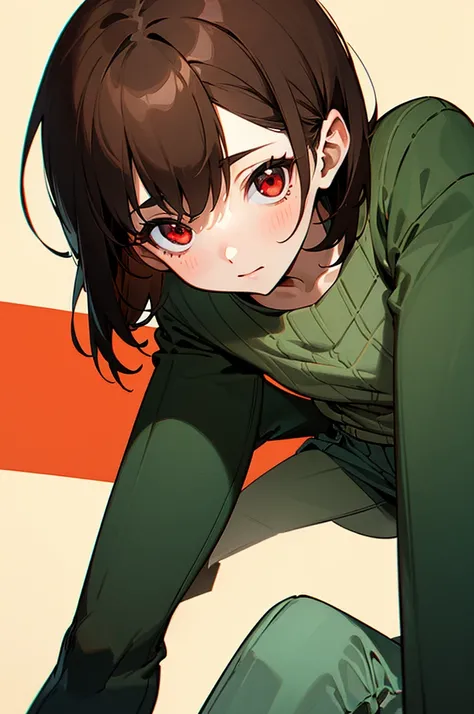 (masterpiece, best quality), 1girl, Chara,solo,short hair,brown hair,red eyes,striped,green sweater,blue pants
