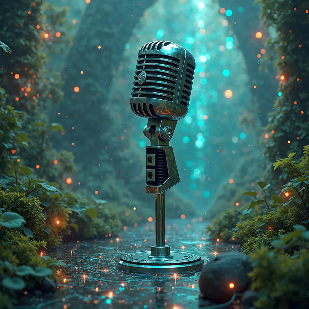 Announcing microphone with technical green background, there background made with technology(no need text), that microphone is left side on post (it is magical picture-not common)