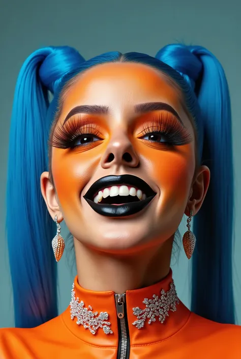 incredibly long and voluminous eyelash extensions, girl laughs a lot, Bright orange makeup, blue hair , two tails, diamond earrings , collar, black lips