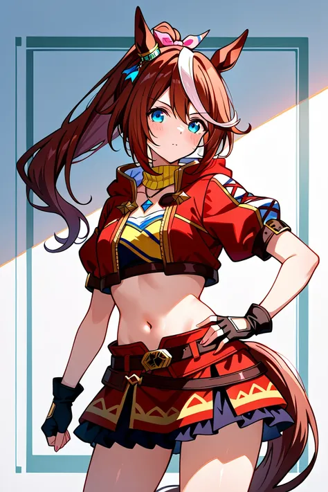 Gain weight、heavy body、Tokaihorizon, horse tail, long hair, high ponytail, animal ears, ear ornament, red jacket, cropped jacket, hooded jacket, open jacket, puffy short sleeves, black gloves, fingerless gloves, red skirt, miniskirt, belt, necklace, midrif...