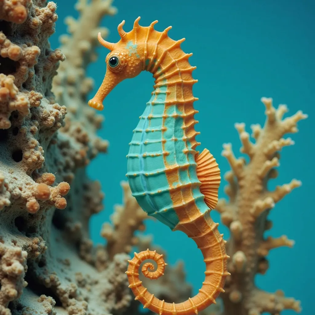 this is a photograph of a vibrant, deep seahorse set against a bright, solid turquoise background. The seahorse is elongated and has a segmented body, predominantly orange-brown in color with a rough, spiky texture. Its head is adorned with a prominent, fl...