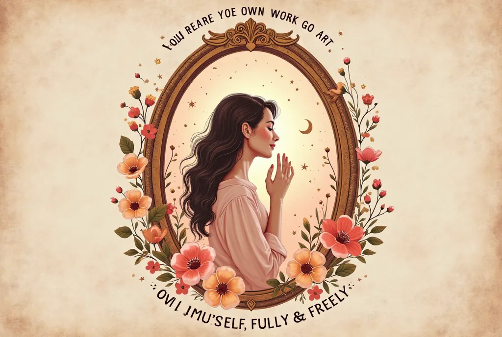 A soft, vintage-inspired aesthetic illustration with warm, earthy tones like terracotta, blush pink, and deep gold. In the center, a serene woman stands in front of an ornate mirror, gently touching her face with a peaceful smile. Flowers and vines elegant...