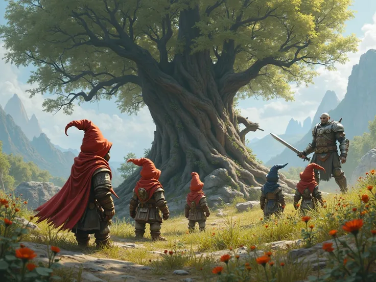 The battlefield on which 4 gnome heroes with red hair dressed in a hooded man are decorated, a white-haired armored elf magician in half demonic guise and an orc tank dressed in heavy armor, the magician tree rises behind, calling for flowers, warriors 