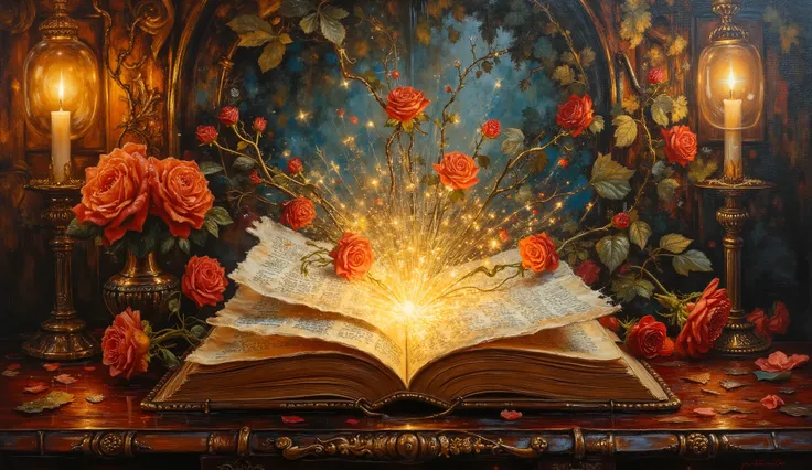 An oil painting inspired by John William Waterhouse, depicting an ancient book on an antique desk, its pages releasing luminous letters and vines of roses, creating a dreamlike portal, warm candlelit glow, deep rich colors, soft shadows adding a sense of ...
