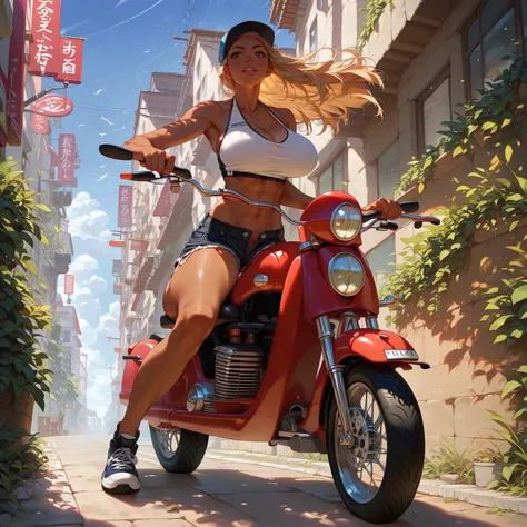 Solo, perfect detailed body, detailed eyes, double eyelid, full body, 
 tan woman, huge breast,  muscular-fit,
 riding a scooter down the street, riding towards viewer, hair blowing in the wind, wearing shorts, halter top, cap, large breasts,