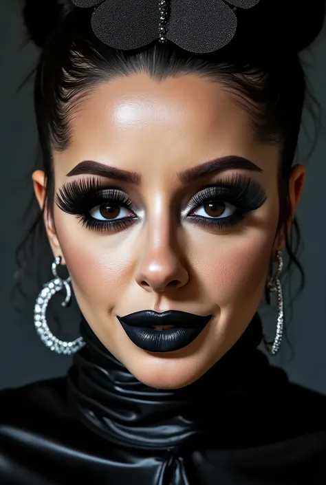 outrageously long and voluminous lash extensions., laughs a lot, latex suit, diamond ear earrings, black hair, black lips, bright black makeup, large butterfly shaped hair clip