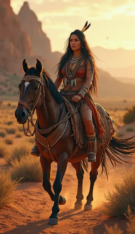 Create an image of a striking and graceful Native American warrior woman from the Navajo Nation, walking alongside her horse in her natural habitat in 14th-century New Mexico. She wears traditional Navajo attire made of finely crafted leather and woven fab...