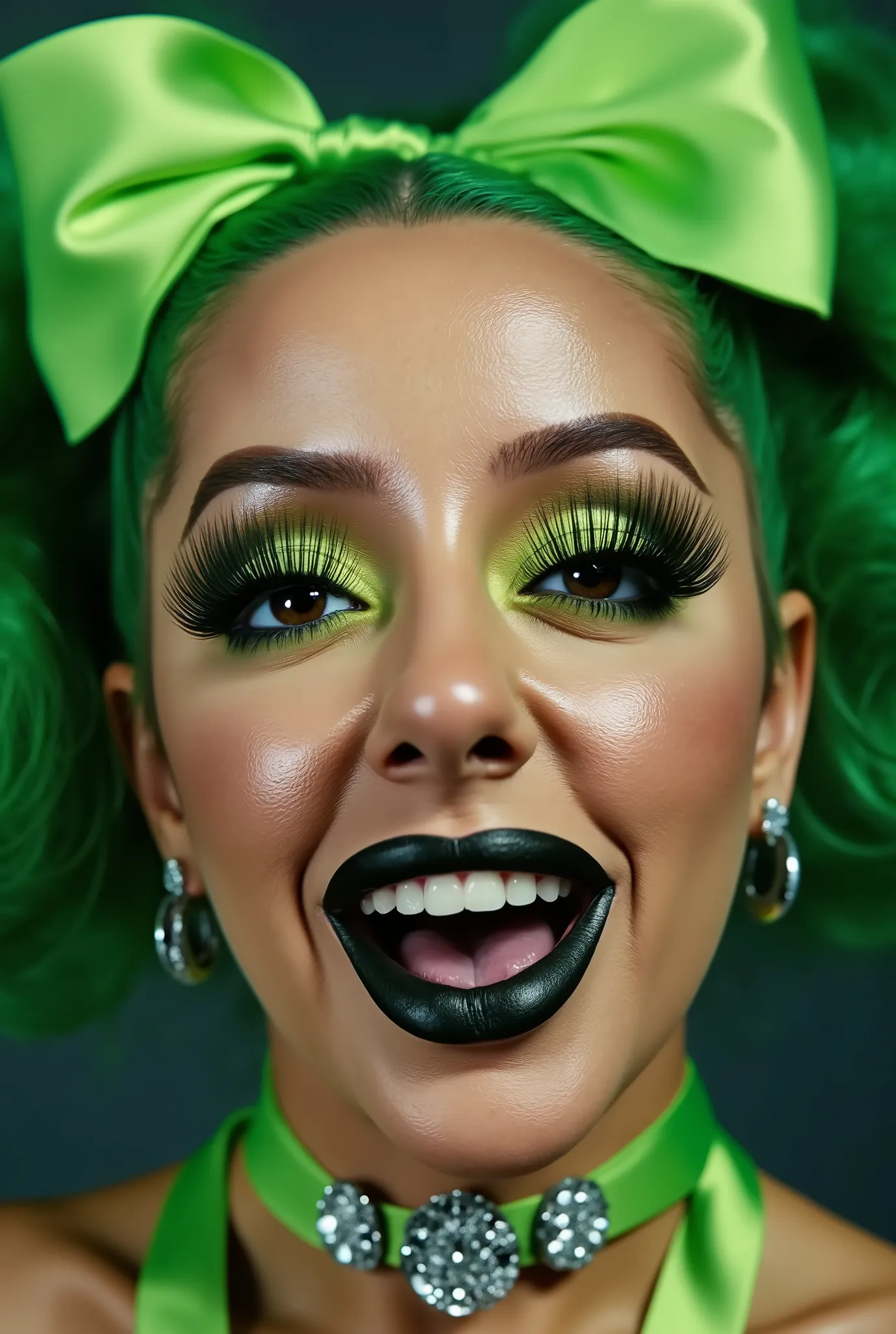 incredibly long and voluminous eyelash extensions, Loud laughter, bright green shadows,  green hair, straight and white teeth, two playful bundles of hair, ribbon collar,  diamond earrings , black lips, Bright eyebrows, large butterfly shaped hair clip