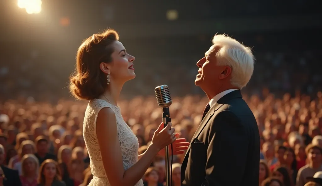 A realistic and cinematic scene in 8K in the 1950s style. On a simple wooden stage, a 25-year-old singer, Skinny and beautiful , She is singing with emotion during Billy Graham's great evangelistic crusade. She wears a classic dress from the 1950s and hold...