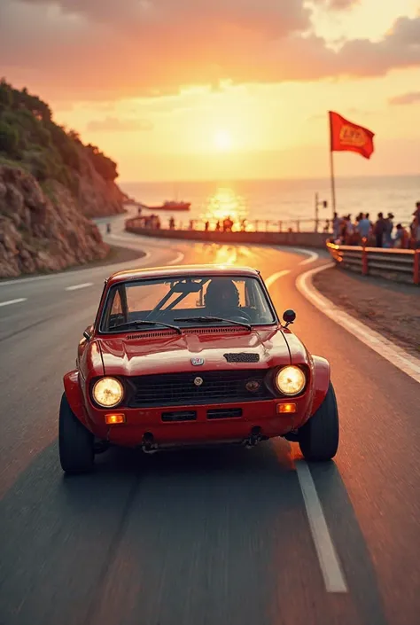 Create a Fiat Uno 147 racing on a seaside racetrack with the sunset in the background!