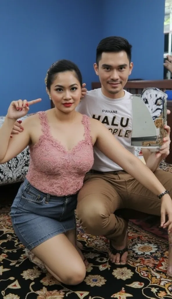 Photography, realistic, detailled, facing forward and looking to camera.  a Indonesian plump female, 40 year old, thin lips, red lipstick, pink tanktop, short skirt denim, squatting on black carpet floral patterd, background blue wall, bed, carpet, window....